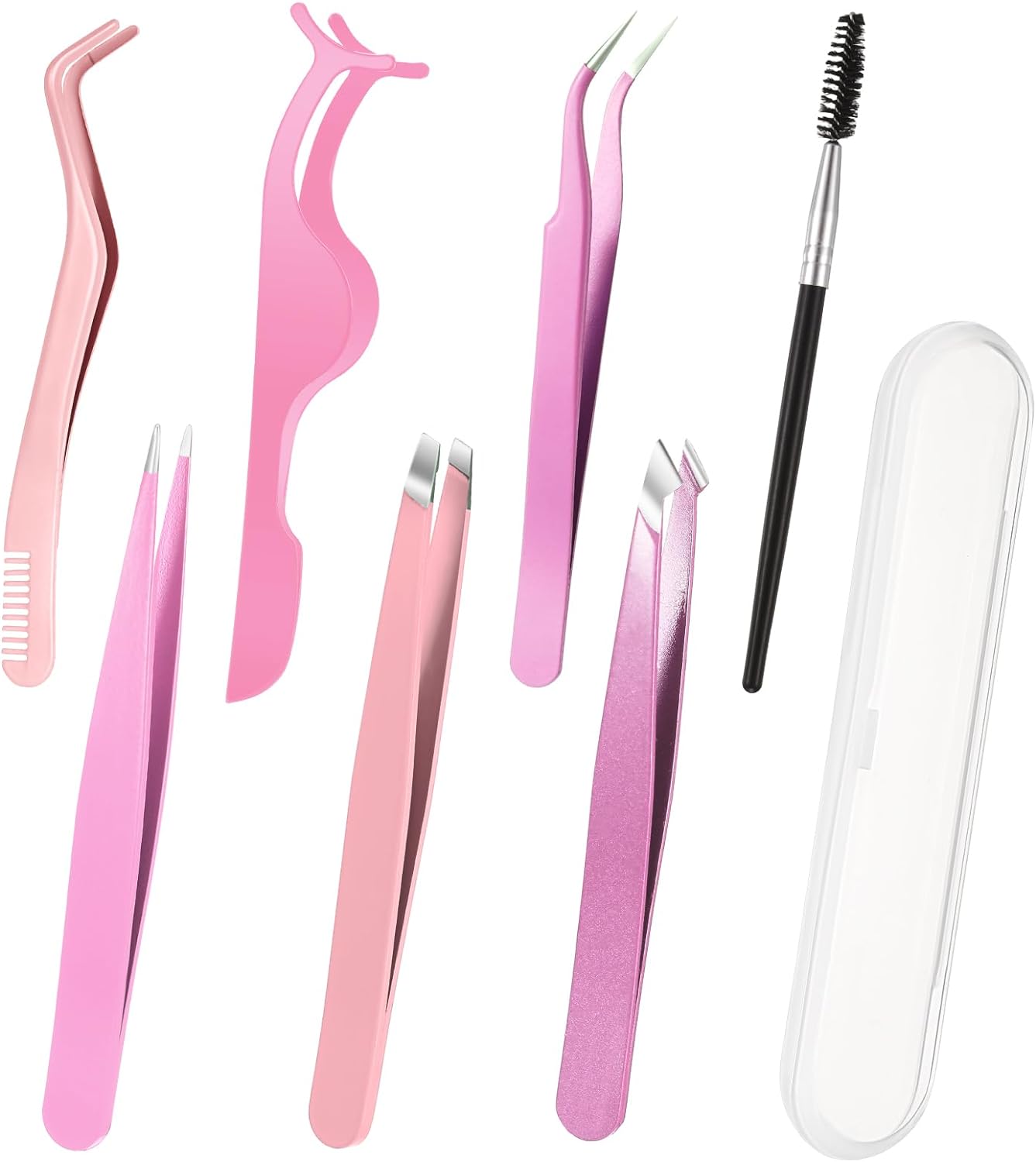 8 Pcs Eyelash Tweezers for Lash Extensions Tweezers Set Stainless Steel Straight and Curved Tweezers Applicator Tool with Brush Box for DIY Eyelash Extension(Pink)
