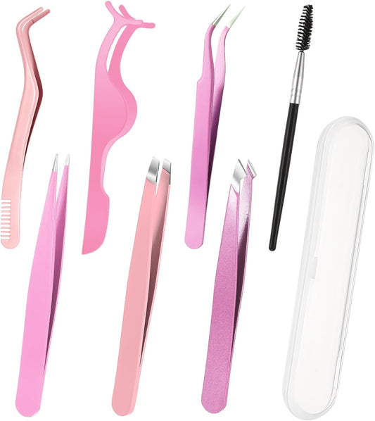 8 Pcs Eyelash Tweezers for Lash Extensions Tweezers Set Stainless Steel Straight and Curved Tweezers Applicator Tool with Brush Box for DIY Eyelash Extension(Pink)