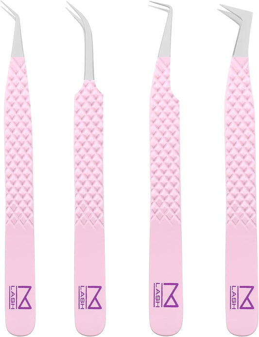 M LASH Eyelash Extension Tweezers (Set of 4) - Professional & Precision Lash Tweezers for Eyelash Extensions - Japanese Steel, Diamond Grip, Fiber Tip for Stunning Results (Lilac)