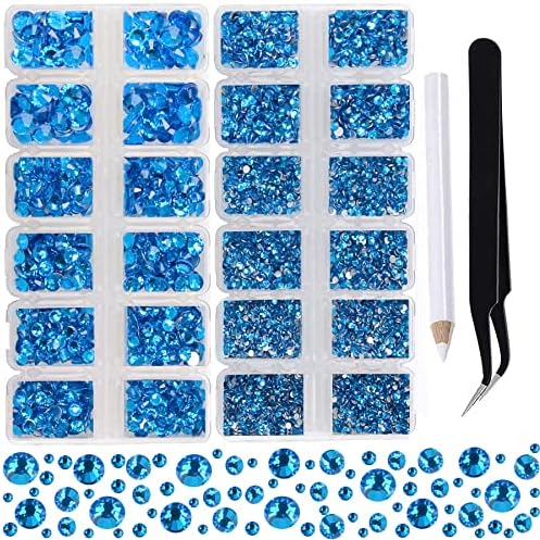 2-Box Massive Beads 8000pcs 6Sizes Nail Art Flatback Glasses Rhinestones Crystal for DIY Project with Tweezers and Picking Pen for Nail Art, Face Art, Manicure (Capri Blue, 6 Sizes)