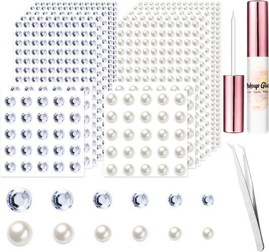 2882 Pcs Hair Gems and Hair Pearls Self Adhesive Hair Jewels Stick on, Face Jewels Hair Rhinestones Stickers Eye Jewels with Glue for Makeup, Tweezer, 3/4/5/6/8/10mm