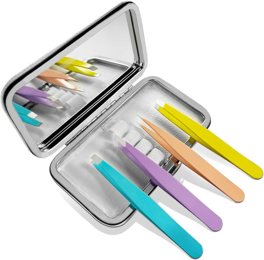 Tweezers for Women, Tweezer Set for Facial Hair Eyebrow Tweezers Men Eyebrow Chin Twizzers Kit Hair Grooming With Leather Case Built In Mirror Pinzas Para Cejas Twizer 4 Colors