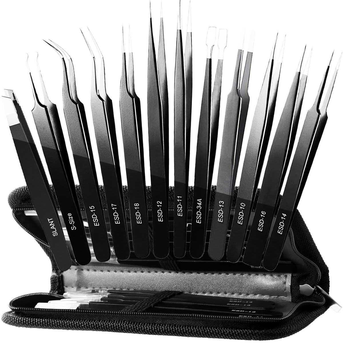Antonki Tweezers, Precision Tweezer Set, Craft Tweezer Kit, Soldering Tweezers, Jewelry Tweezers, Ingrown Tweezers, Eyelash Extension Tweezers, Eyebrow Tweezers - 12 Pack with Case