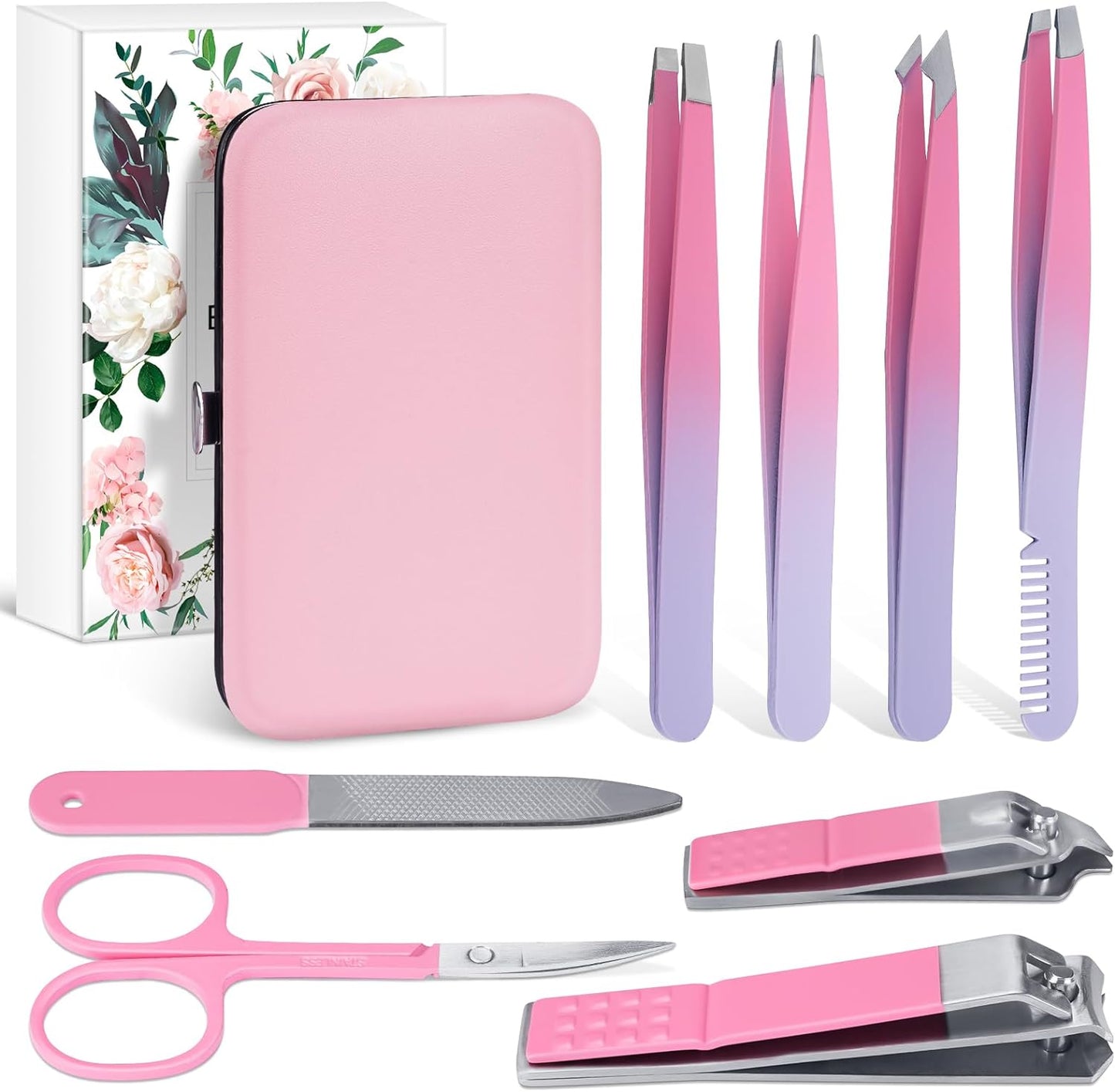 Precision Tweezers Nail Clippers Kit for Facial Hair, Lashes - Travel Case Included