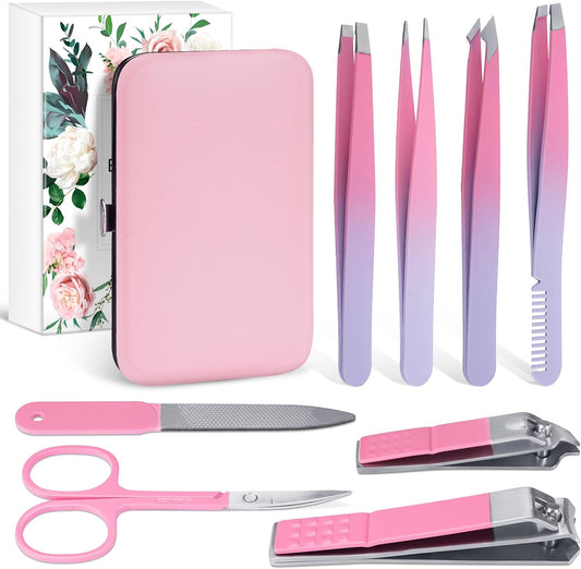 Precision Tweezers Nail Clippers Kit for Facial Hair, Lashes - Travel Case Included