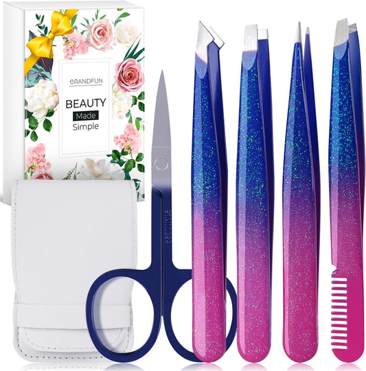 Tweezer Set for Women - Professional Precision Tweezers for Eyebrows, Facial Hair, Ingrown Hairs - Travel Grooming Kit, Stocking Stuffer