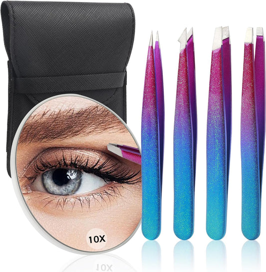 Tweezers and 10X Magnifying Mirror Kit with Travel Leather Case, Eyebrow Tweezer Set for Women & Men, Great Precision for Facial Hair, Splinter and Ingrown Hair Removal - Starry Blue