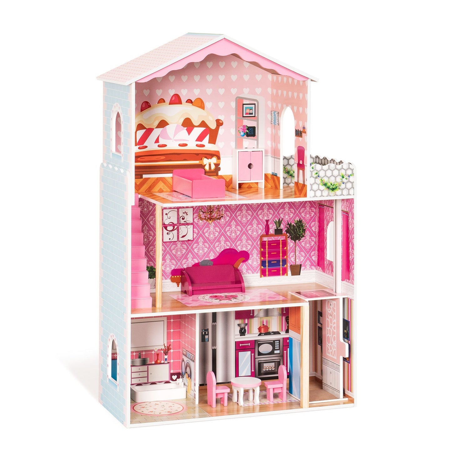 Pink Wooden Dollhouse Colorful Dreamy Birthday Gift for Kids