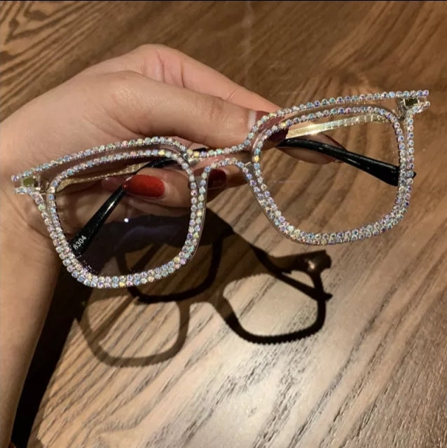 Eye Protection Bluelight Eyeglasses, Full AB Crystal or Black Rhinestone